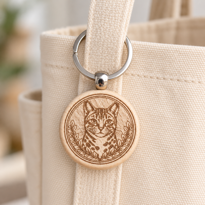 Bengal cat wooden keyring hanging from a cream canvas tote