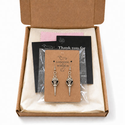 Bird Skull Earrings - Design 2 with Longdog & Whisker packaging