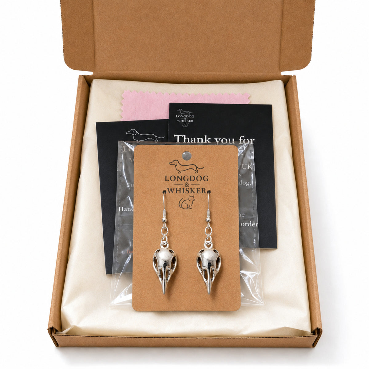 Bird Skull Earrings - Design 4 with Longdog & Whisker packaging