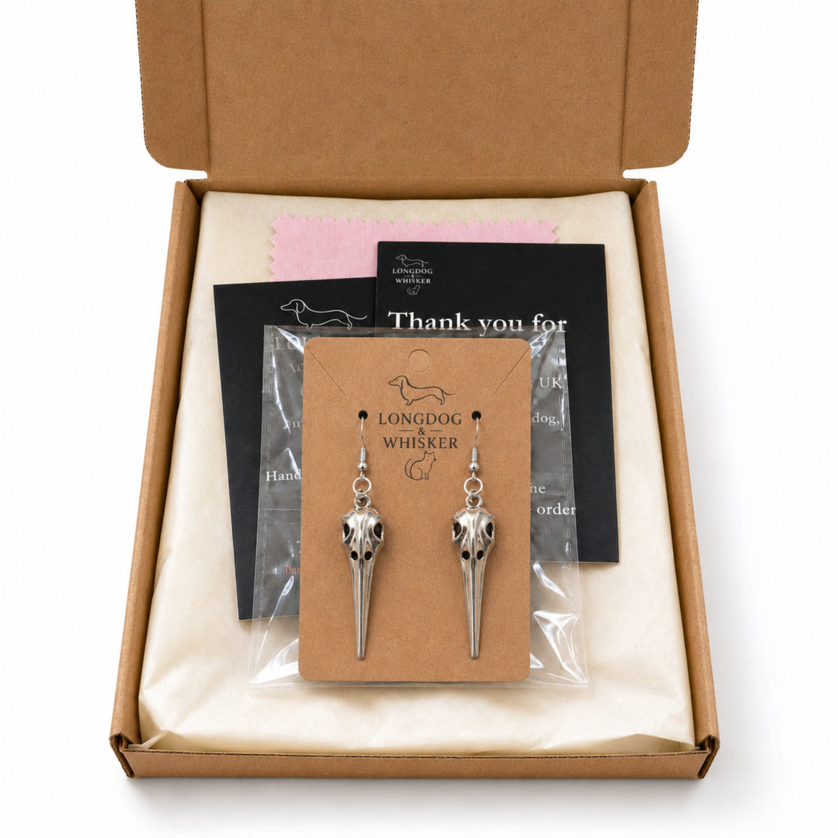Classic Bird Skull Earrings with Longdog & Whisker packaging