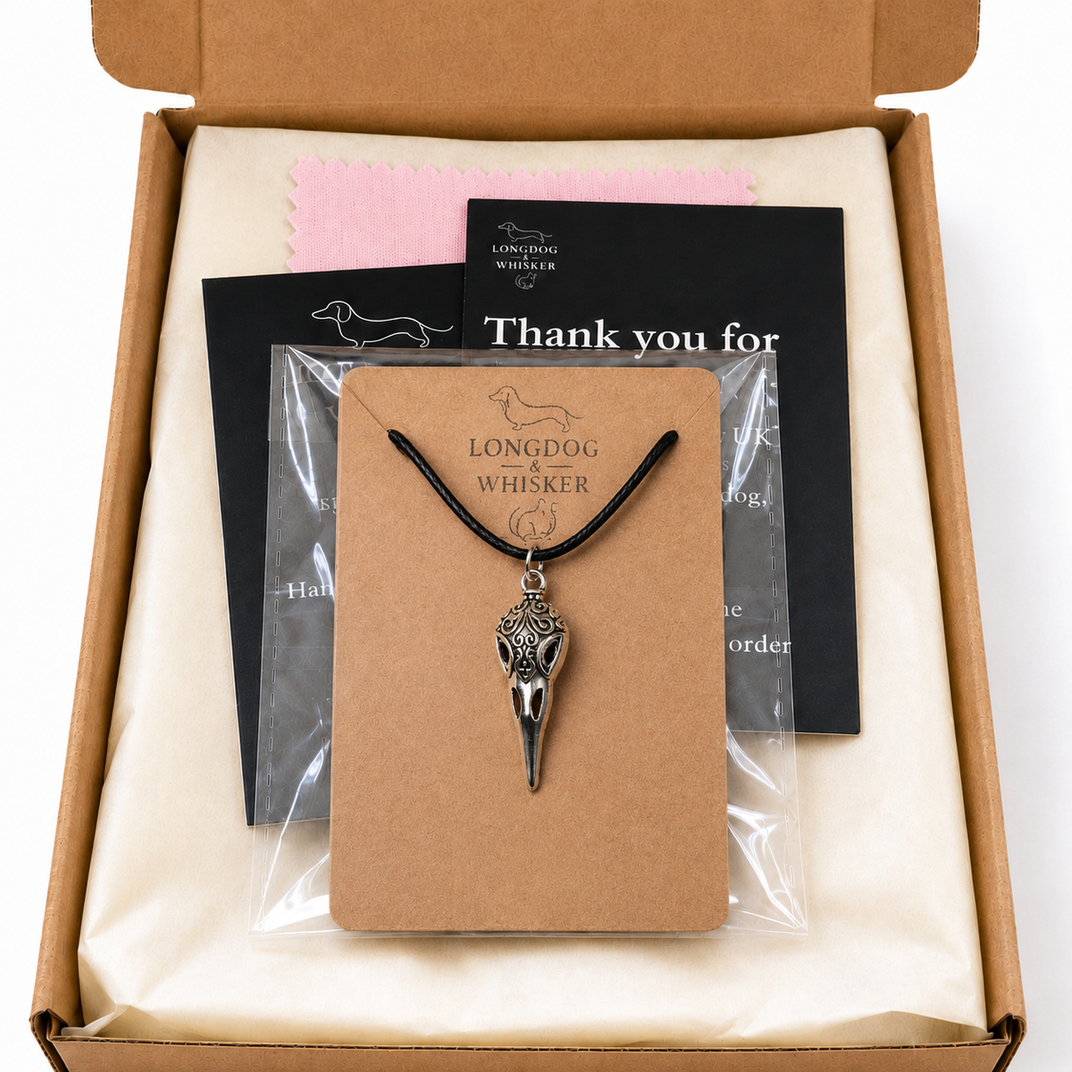 Bird Skull Design 5 Necklace with Longdog & Whisker packaging