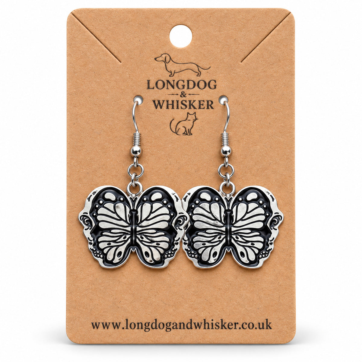 Black butterfly drop earrings on Longdog & Whisker card
