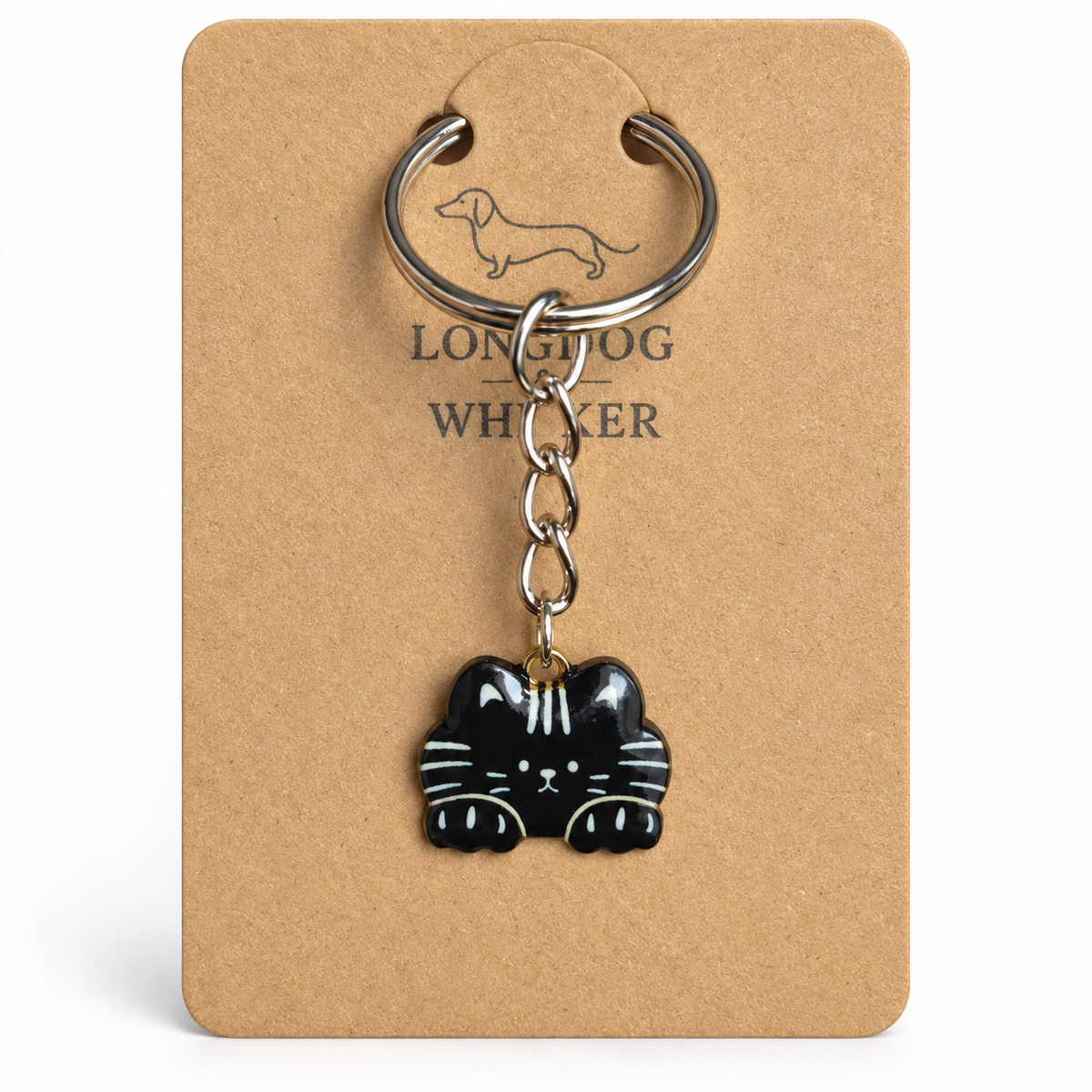 Close-up of black cat keyring and silver-tone chain