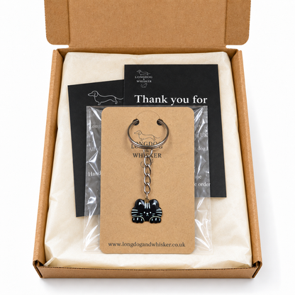 Black cat keyring in Longdog & Whisker gift-ready packaging