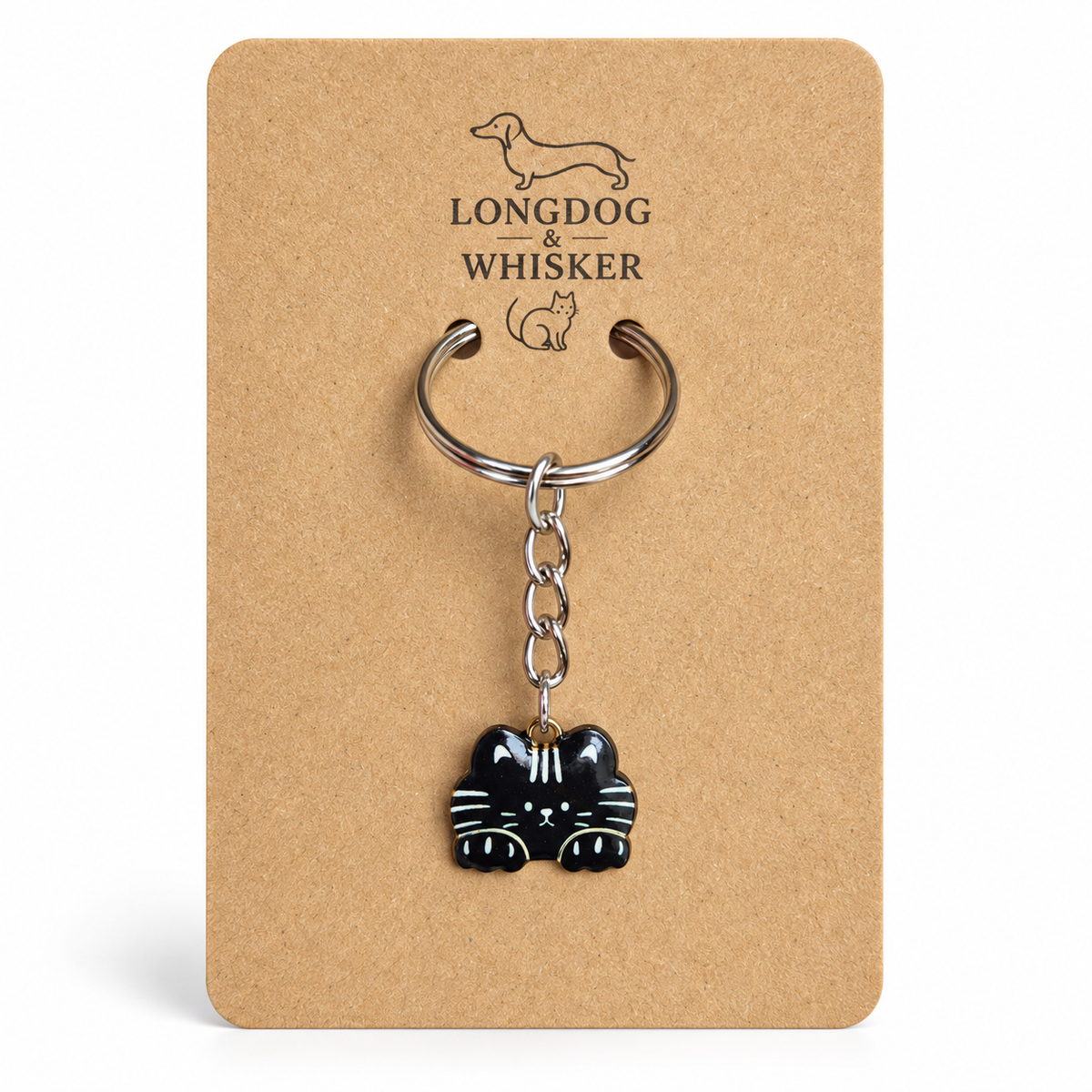 Black cat keyring on Longdog & Whisker display card