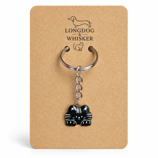 Black cat keyring on Longdog & Whisker display card