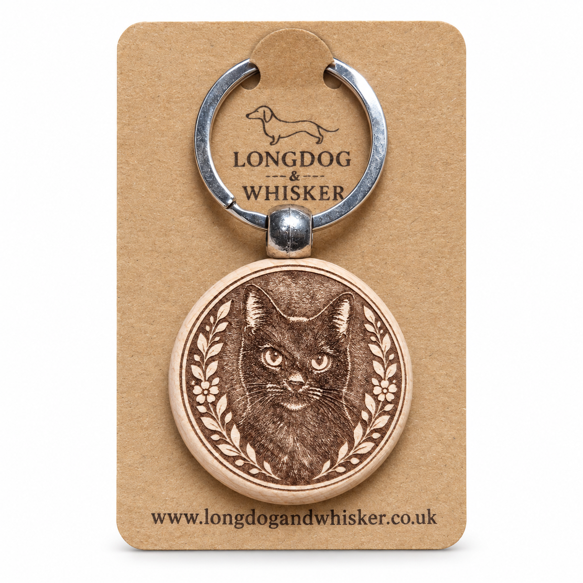 Black cat wooden keyring and bag charm on Longdog & Whisker product card