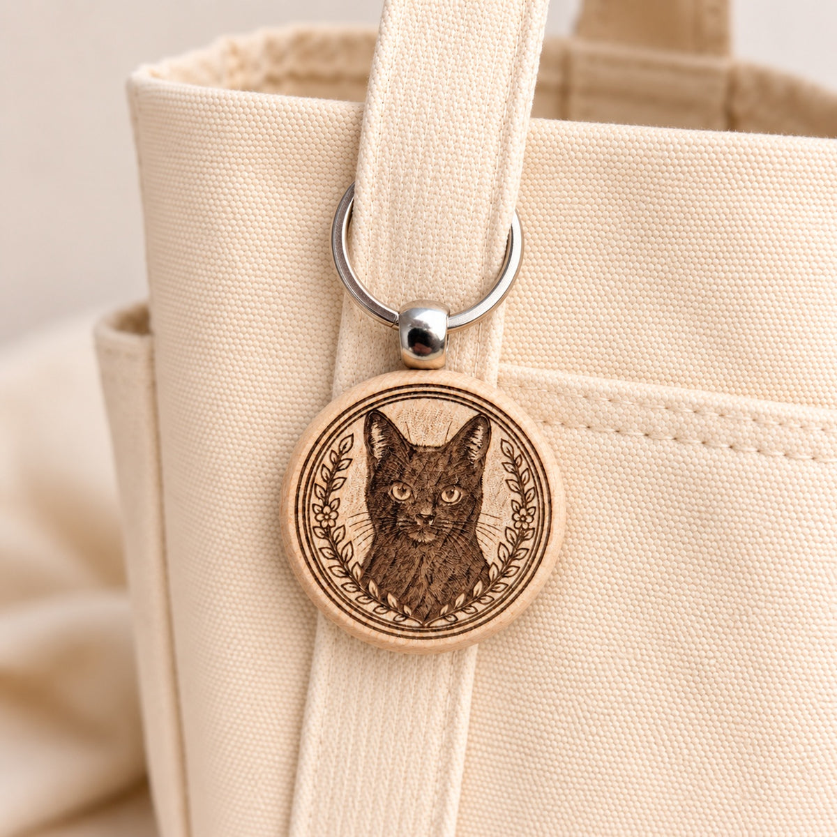 Black cat wooden keyring attached to a cream canvas tote handle
