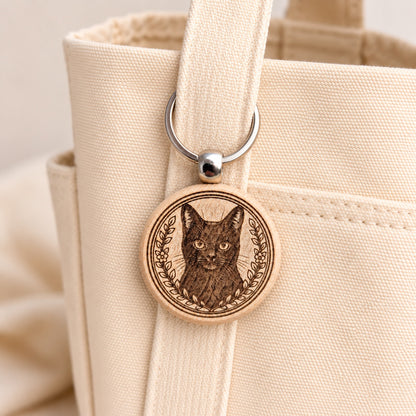 Black cat wooden keyring attached to a cream canvas tote handle