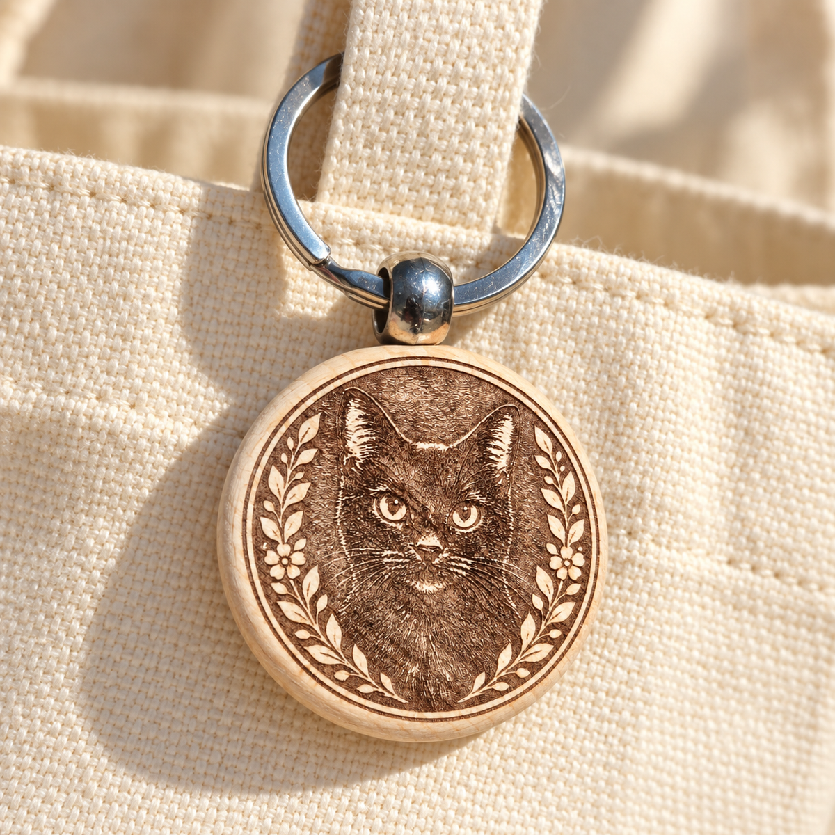 Black cat wooden keyring attached to a cream canvas tote bag