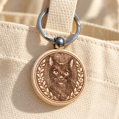 Black cat wooden keyring attached to a cream canvas tote bag