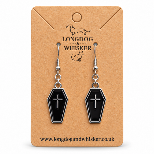 Black coffin cross drop earrings on Longdog & Whisker card