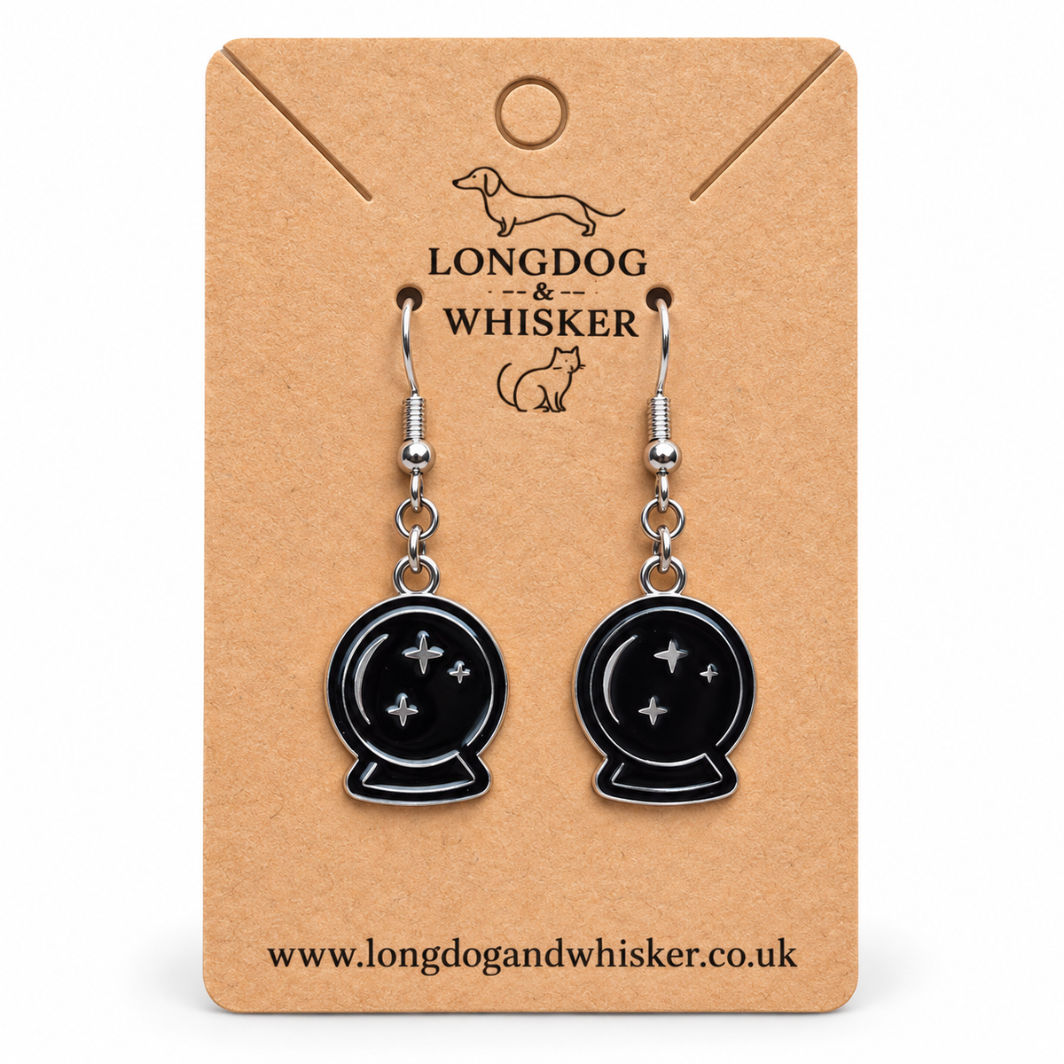 Black crystal ball drop earrings on a Longdog & Whisker kraft card