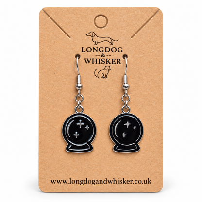 Black crystal ball drop earrings on a Longdog & Whisker kraft card