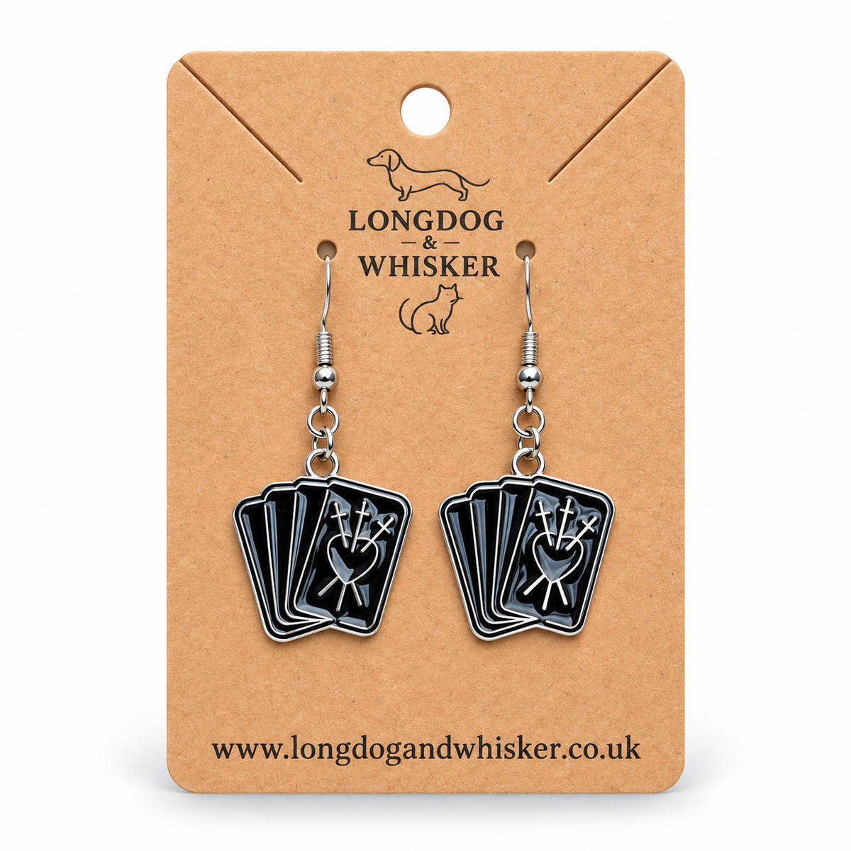 Black fortune teller card drop earrings on a Longdog & Whisker kraft card