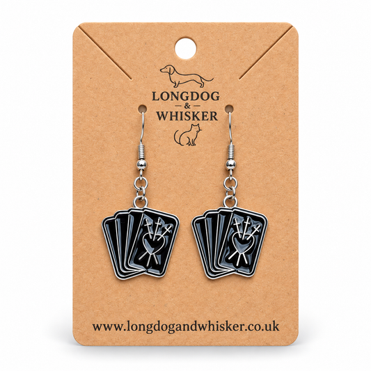 Black fortune teller card drop earrings on a Longdog & Whisker kraft card