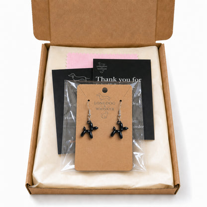 Black Balloon Dog Earrings in Longdog & Whisker gift packaging