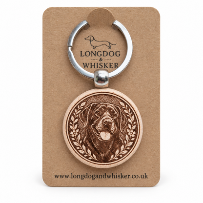 Black Labrador wooden keyring on a Longdog & Whisker product card
