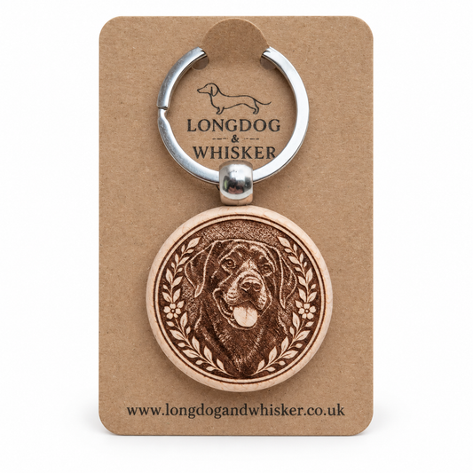 Black Labrador wooden keyring on a Longdog & Whisker product card