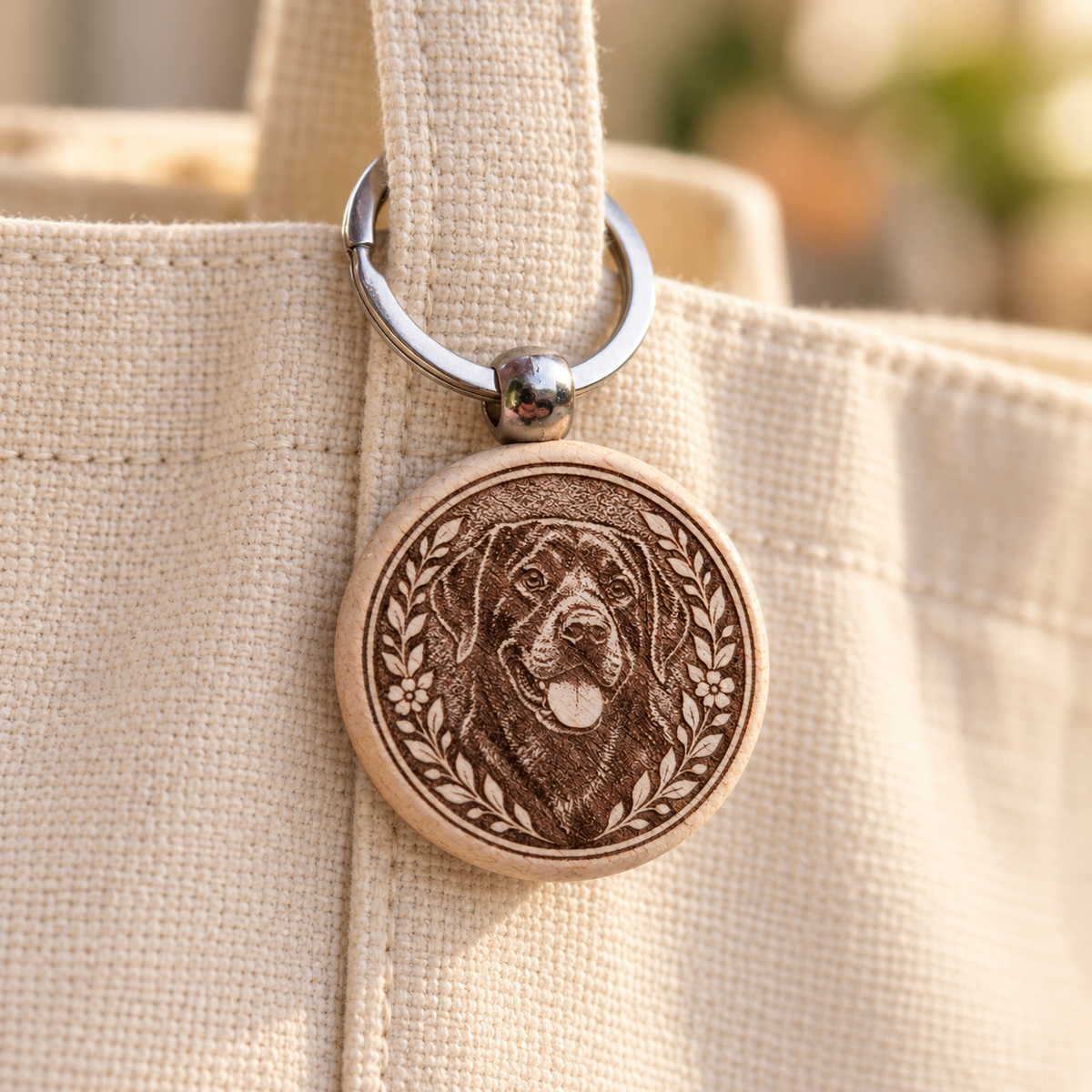 Black Labrador wooden keyring attached to a cream canvas tote bag