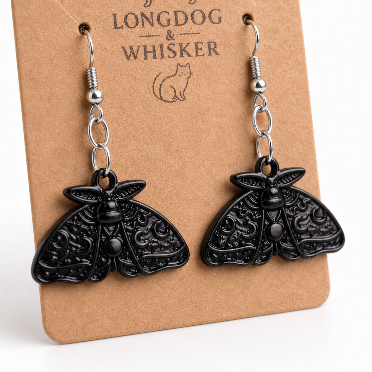 Close-up detail of Black Moth Earrings