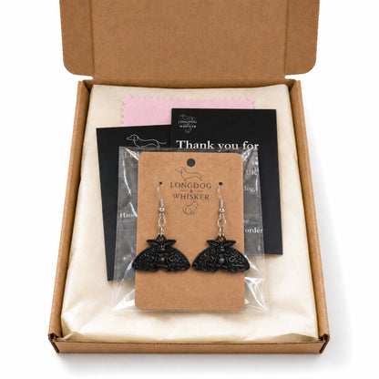 Black Moth Earrings with Longdog & Whisker packaging