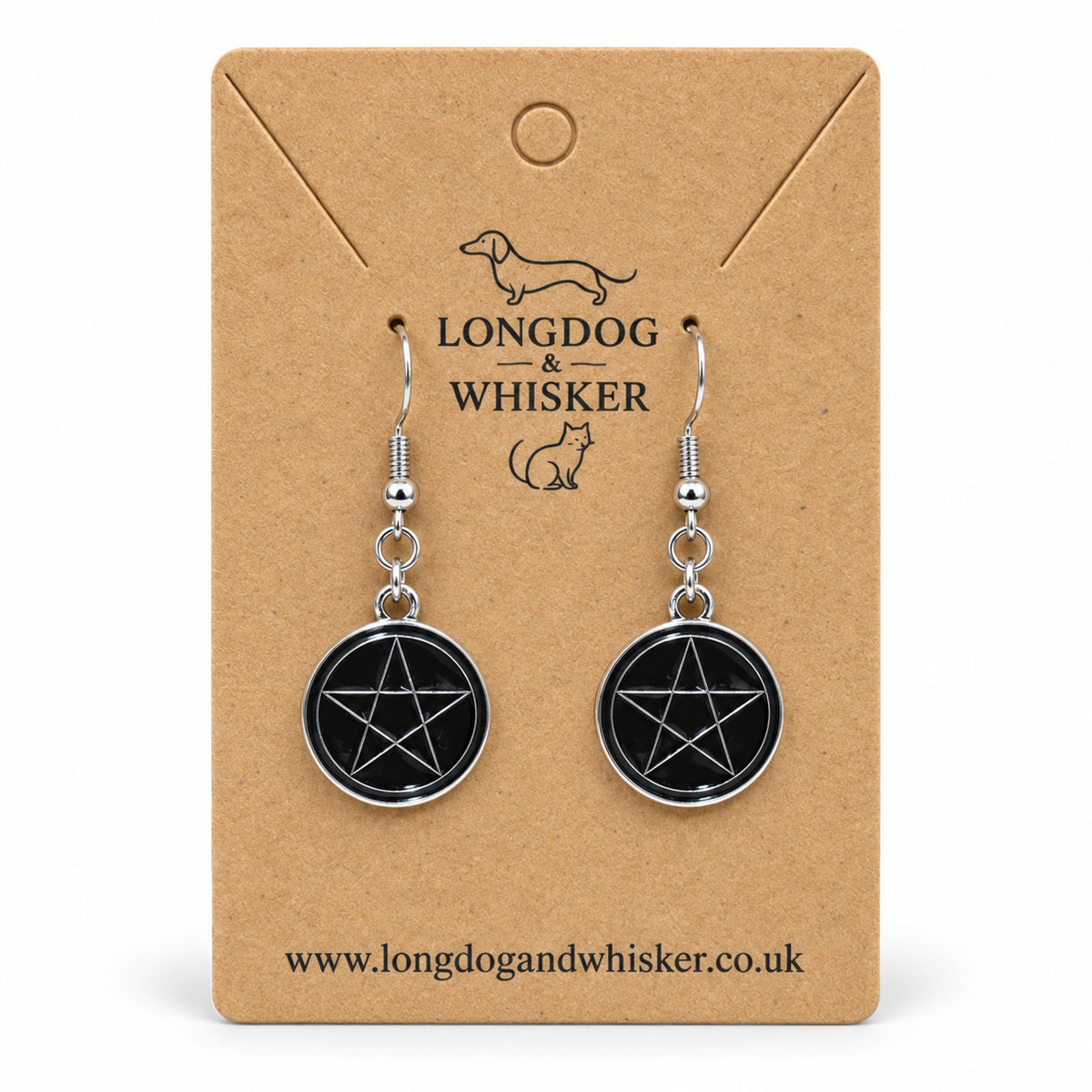 Black pentagram drop earrings displayed on a Longdog & Whisker kraft product card