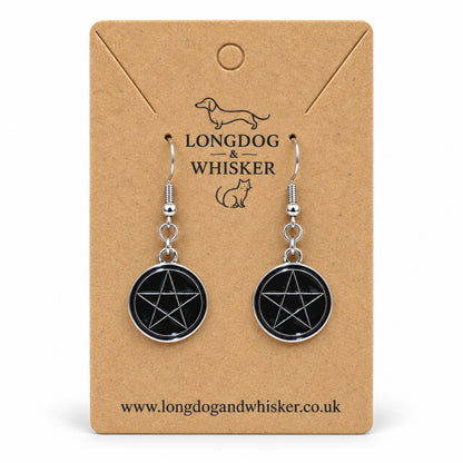 Black pentagram drop earrings displayed on a Longdog & Whisker kraft product card