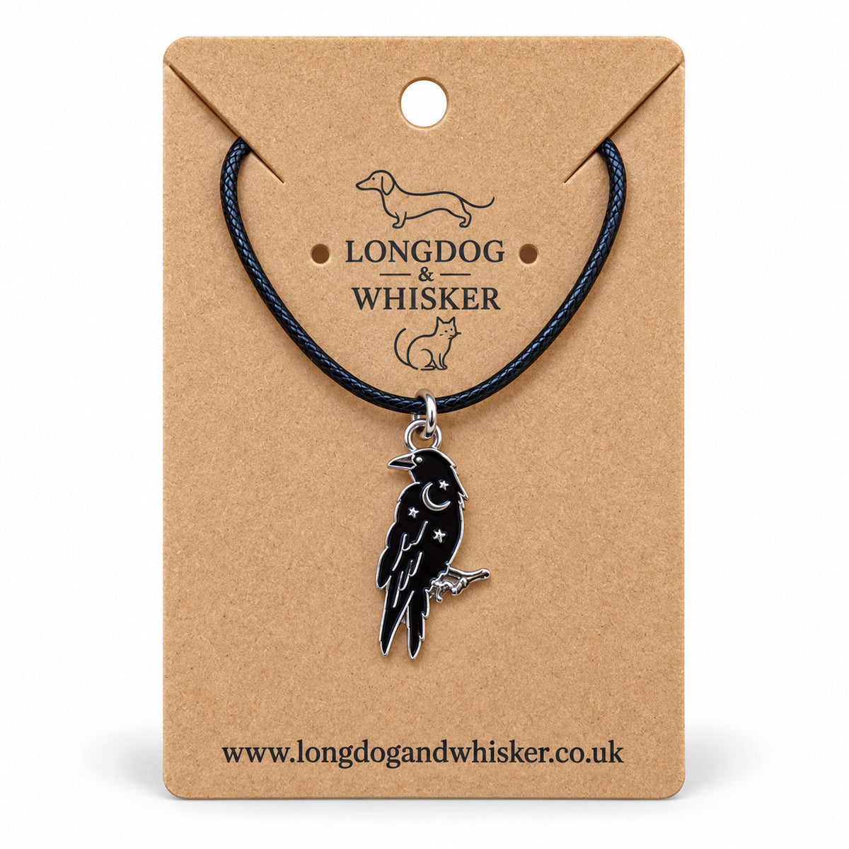 Black raven crescent moon necklace on black cord, displayed on a Longdog & Whisker kraft card