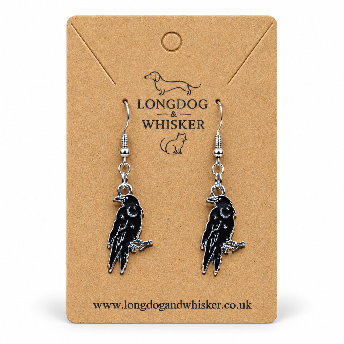 Black Raven Crescent Moon Drop Earrings on Longdog & Whisker card