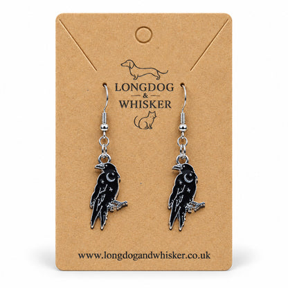 Black Raven Crescent Moon Drop Earrings on Longdog & Whisker card