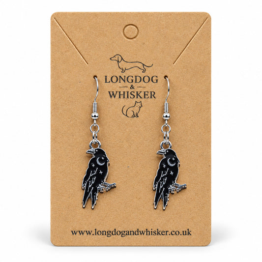 Black Raven Crescent Moon Drop Earrings on Longdog & Whisker card