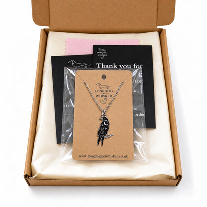 Black raven silver-chain necklace in Longdog & Whisker postal packaging
