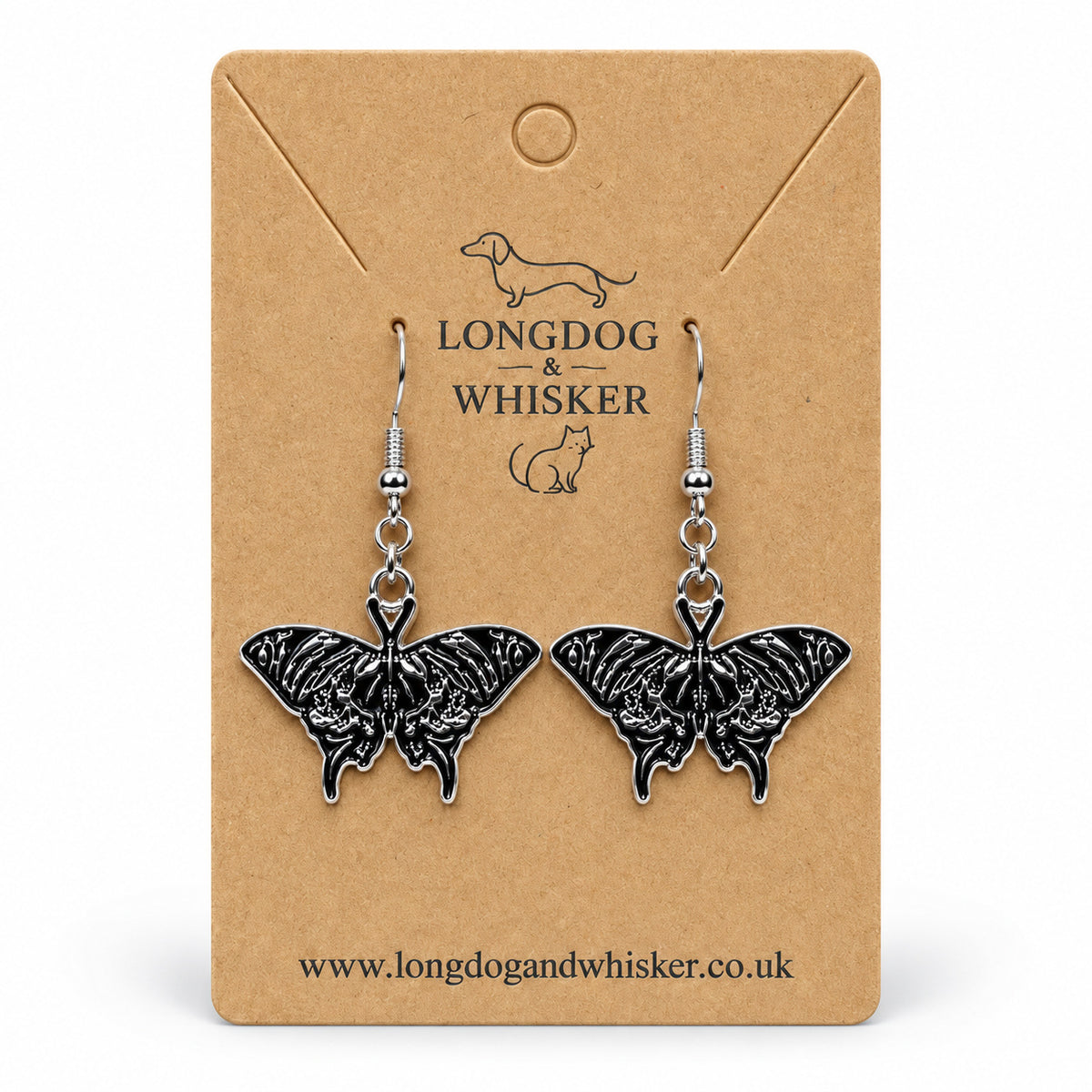 Black Skullwing Moth Drop Earrings on a Longdog & Whisker card