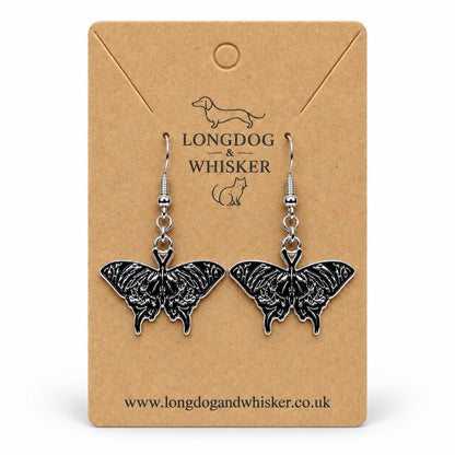 Black Skullwing Moth Drop Earrings on a Longdog & Whisker card