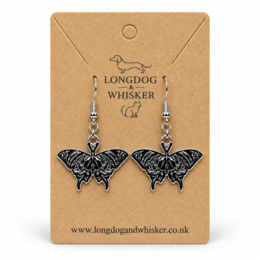 Black Skullwing Moth Drop Earrings on a Longdog & Whisker card