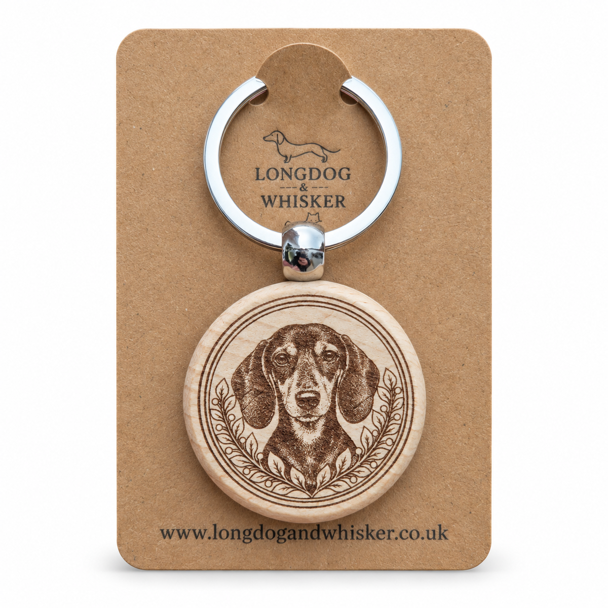 Black and tan Dachshund portrait wooden keyring on Longdog & Whisker kraft card