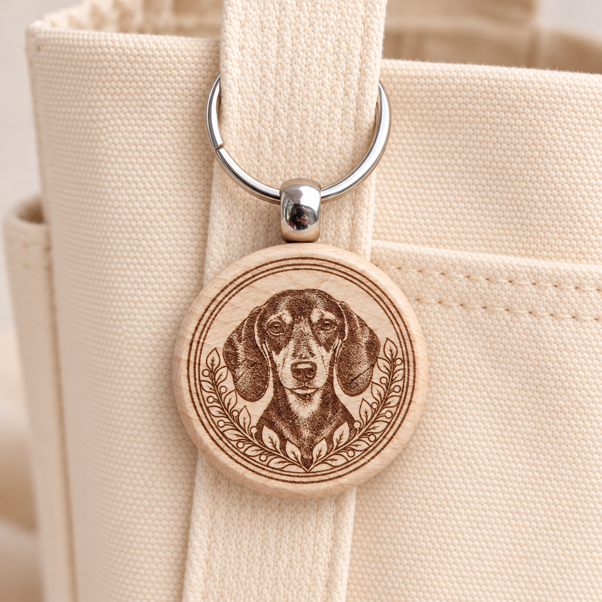 Black and tan Dachshund portrait wooden keyring attached to a cream canvas tote handle
