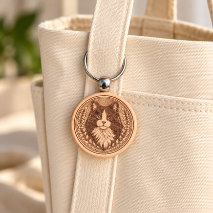 Black and white long-haired cat wooden keyring attached to a cream canvas tote handle