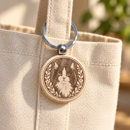 Black and white long-haired cat wooden keyring attached to a cream tote bag