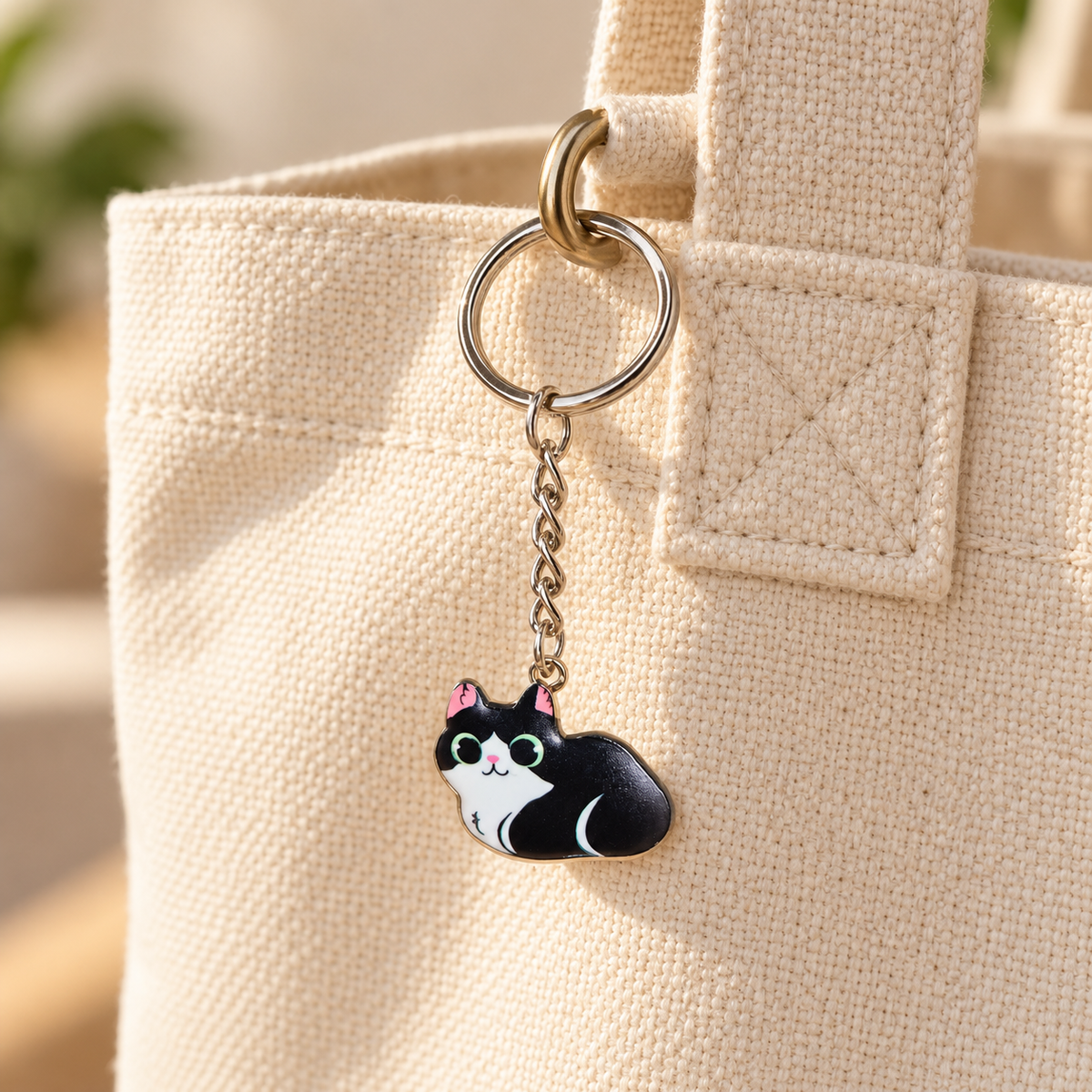 Black and white cat keyring attached to a cream canvas bag