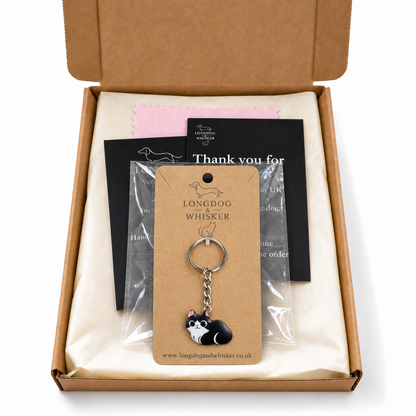 Black and white cat keyring in Longdog & Whisker gift-ready packaging