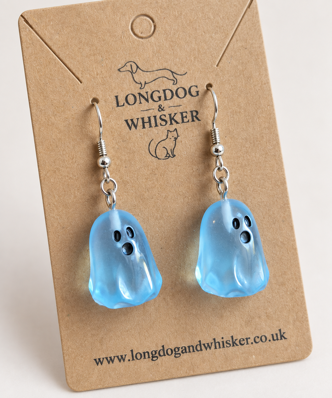 Close detail of Blue Ghost Earrings and silver-tone hooks