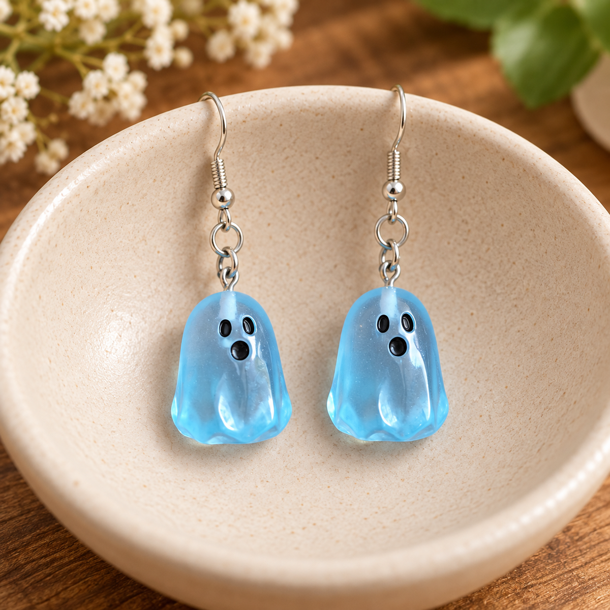 Blue Ghost Earrings in ceramic bowl lifestyle scene