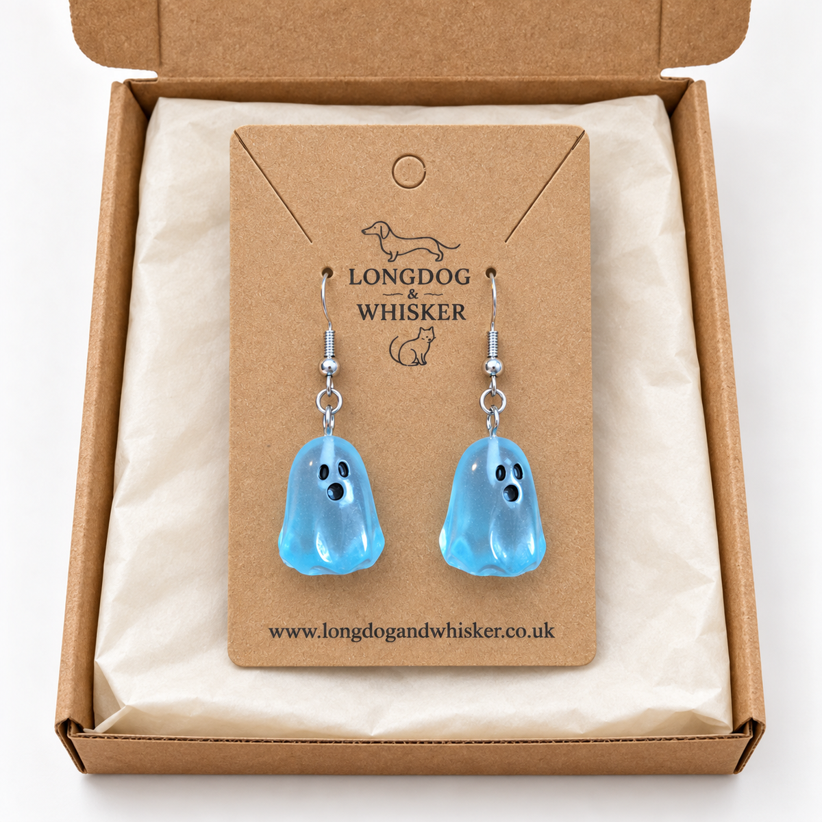Blue Ghost Earrings on Longdog & Whisker packaging card