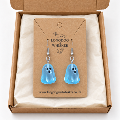 Blue Ghost Earrings on Longdog & Whisker packaging card