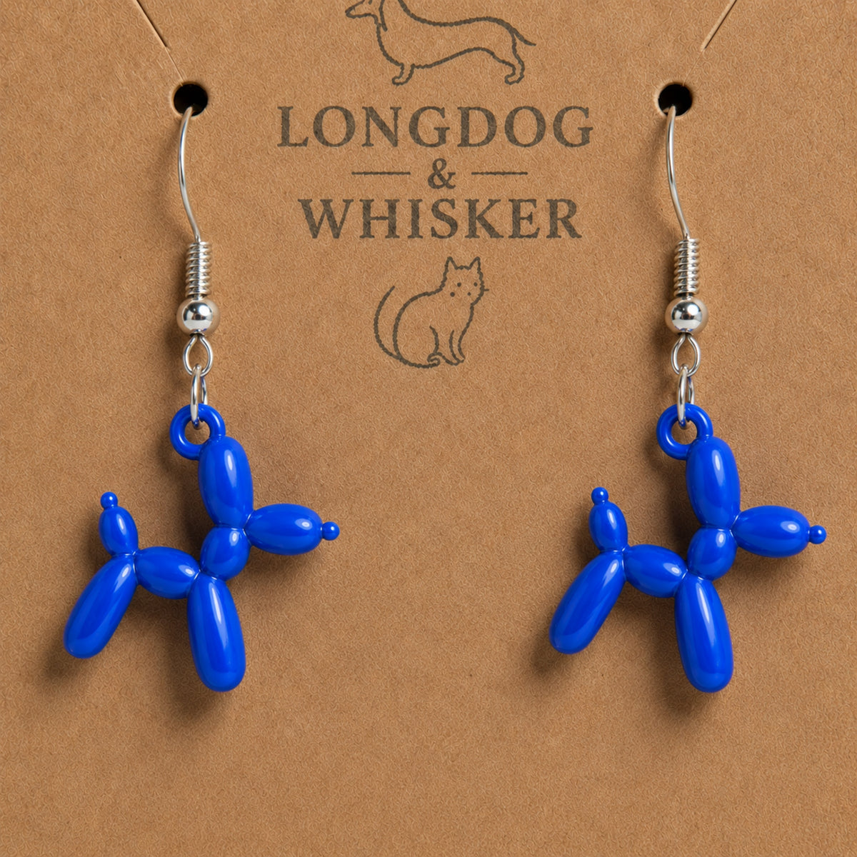 Close up detail of Blue Balloon Dog Earrings