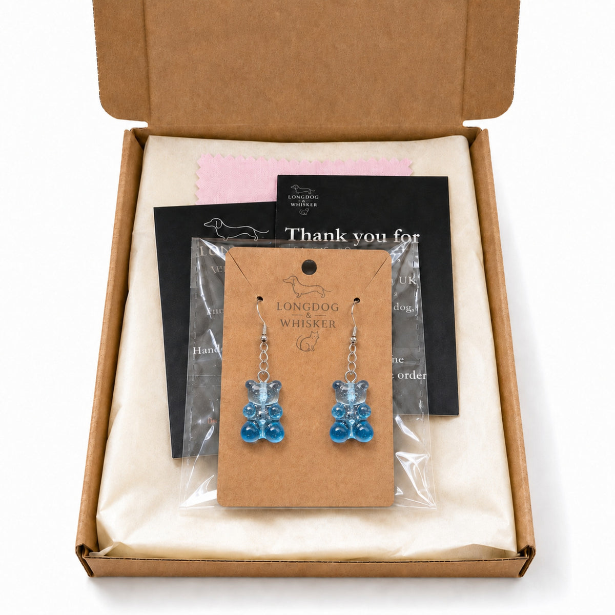 Gummy Bear Earrings - Blue with Longdog & Whisker packaging