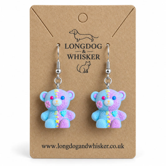 Blue Pastel Stitched Zombie Bear Earrings on Longdog & Whisker product card