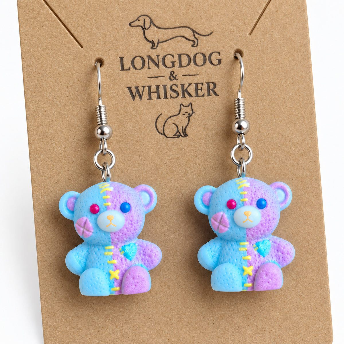 Close detail of Blue Pastel Stitched Zombie Bear Earrings and silver-tone hooks